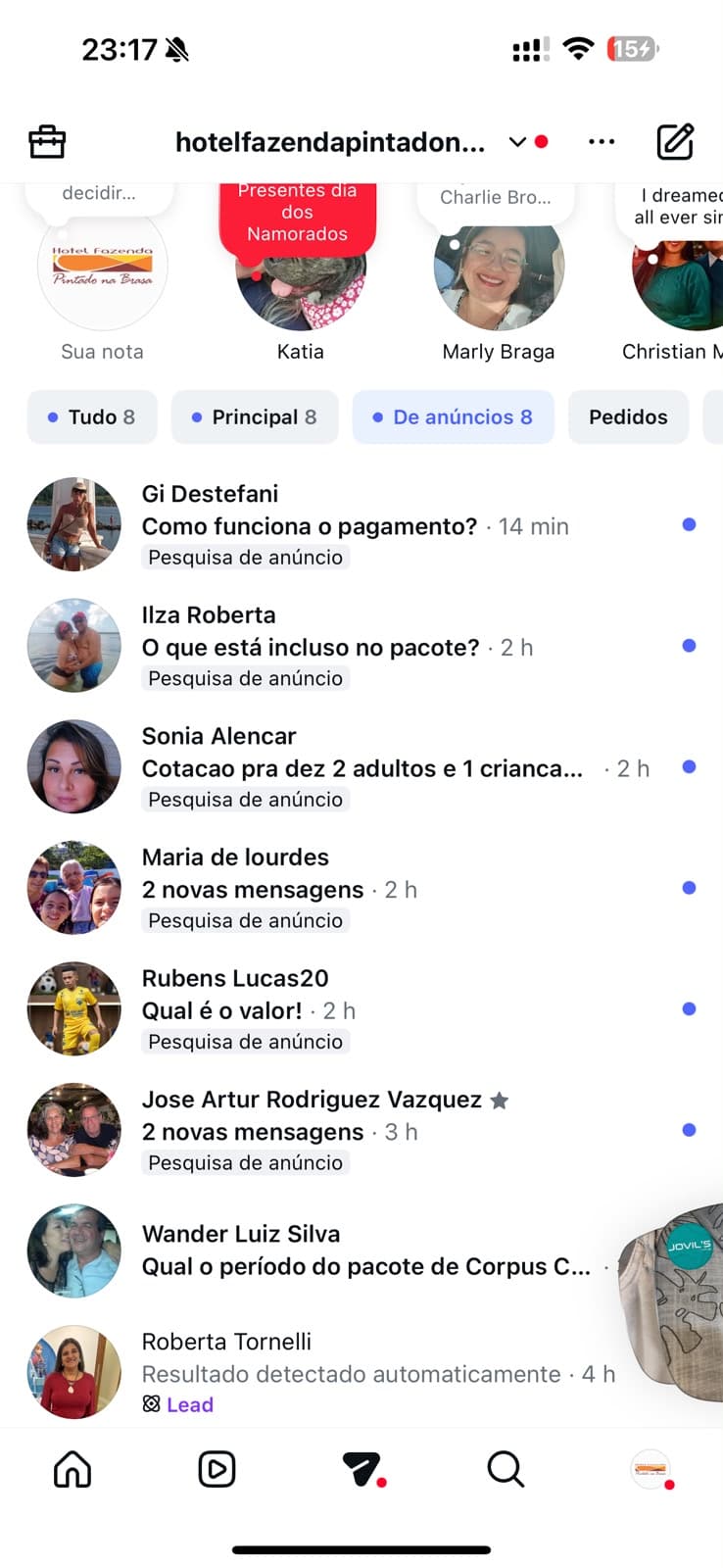 "Qual é o valor?", "O que está incluso no pacote?" — caixa de entrada lotada.